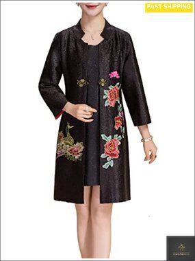 Embroidered Mandarin Duck Blazer Chinese Jacket 3/4 Sleeve